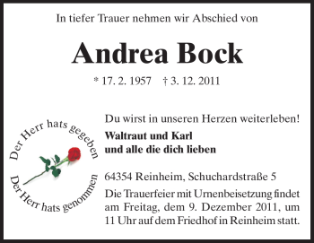 Traueranzeige von Andrea Bock von Darmstädter Echo, Odenwälder Echo, Rüsselsheimer Echo, Groß-Gerauer-Echo, Ried Echo