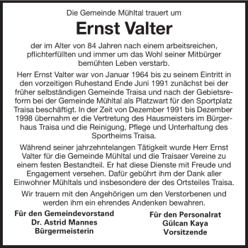 Traueranzeige von Ernst Valter von Echo-Zeitungen (Gesamtausgabe)