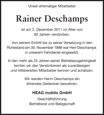 Traueranzeige von Rainer Deschamps von Echo-Zeitungen (Gesamtausgabe)