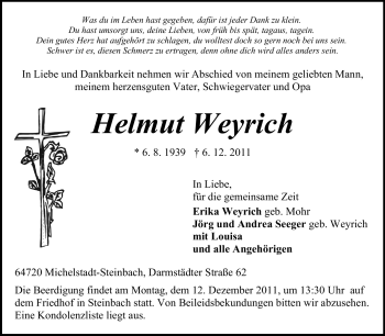 Traueranzeige von Helmut Weyrich von Odenwälder Echo