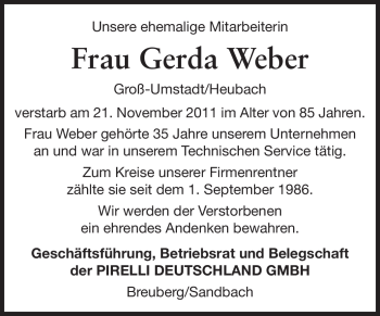 Traueranzeige von Gerda Weber von Odenwälder Echo