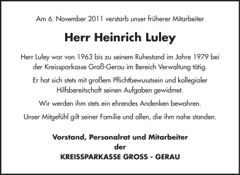 Traueranzeige von Heinrich Christian Luley von Rüsselsheimer Echo, Groß-Gerauer-Echo, Ried Echo