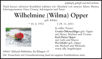 Traueranzeige von Wilhelmine Opper von Echo-Zeitungen (Gesamtausgabe)