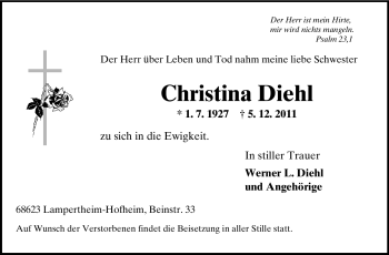 Traueranzeige von Christina Diehl von Echo-Zeitungen (Gesamtausgabe)