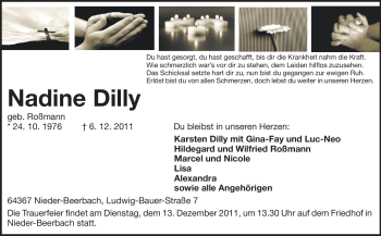 Traueranzeige von Nadine Dilly von Echo-Zeitungen (Gesamtausgabe)