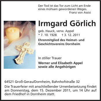 Traueranzeige von Irmgard Görlich von Rüsselsheimer Echo, Groß-Gerauer-Echo, Ried Echo
