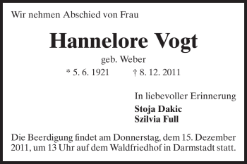 Traueranzeige von Hannelore Vogt von Darmstädter Echo, Odenwälder Echo, Rüsselsheimer Echo, Groß-Gerauer-Echo, Ried Echo