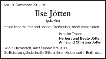 Traueranzeige von Ilse Jötten von Darmstädter Echo, Odenwälder Echo, Rüsselsheimer Echo, Groß-Gerauer-Echo, Ried Echo