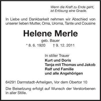 Traueranzeige von Helene Merle von Darmstädter Echo, Odenwälder Echo, Rüsselsheimer Echo, Groß-Gerauer-Echo, Ried Echo