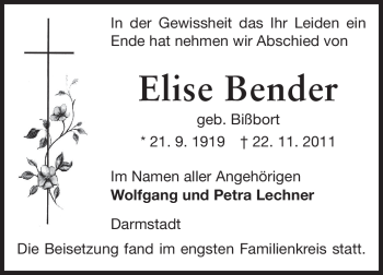 Traueranzeige von Elise Bender von Echo-Zeitungen (Gesamtausgabe)