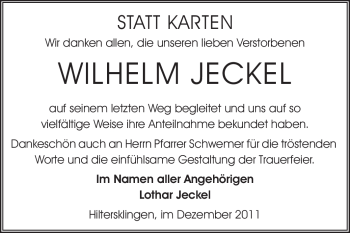 Traueranzeige von Wilhelm Jeckel von Odenwälder Echo