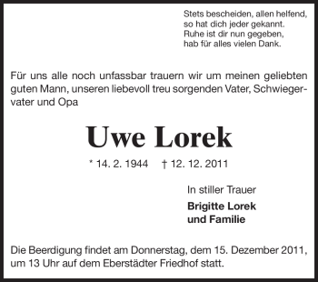 Traueranzeige von Uwe Lorek von Echo-Zeitungen (Gesamtausgabe)