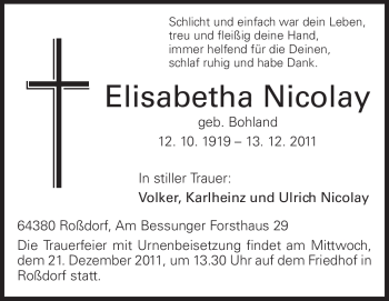 Traueranzeige von Elisabetha Nicolay von Echo-Zeitungen (Gesamtausgabe)