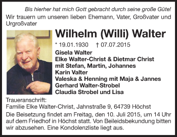Traueranzeige von Wilhelm Walter von Odenwälder Echo