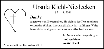 Traueranzeige von Ursula Kiehl-Niedecken von Odenwälder Echo