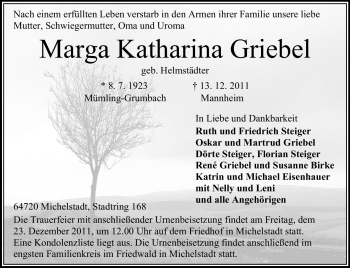 Traueranzeige von Marga Griebel von Odenwälder Echo