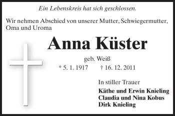 Traueranzeige von Anna Küster von Darmstädter Echo, Odenwälder Echo, Rüsselsheimer Echo, Groß-Gerauer-Echo, Ried Echo