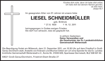 Traueranzeige von Liesel Schneidmüller  von Rüsselsheimer Echo, Groß-Gerauer-Echo, Ried Echo