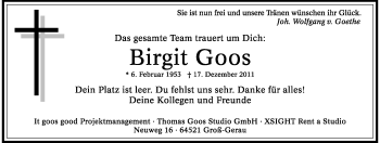 Traueranzeige von Birgit Goos von Rüsselsheimer Echo, Groß-Gerauer-Echo, Ried Echo