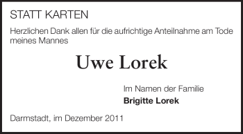 Traueranzeige von Uwe Lorek von Darmstädter Echo, Odenwälder Echo, Rüsselsheimer Echo, Groß-Gerauer-Echo, Ried Echo