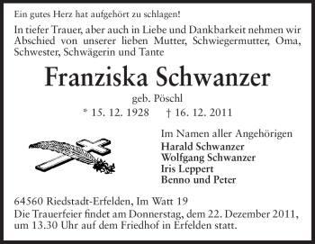 Traueranzeige von Franziska Schwanzer von Rüsselsheimer Echo, Groß-Gerauer-Echo, Ried Echo