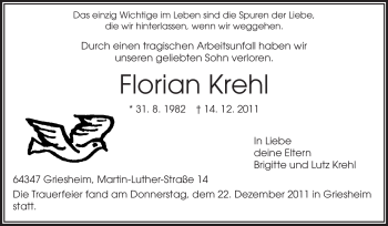 Traueranzeige von Florian Krehl von Echo-Zeitungen (Gesamtausgabe)