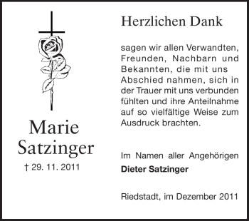 Traueranzeige von Marie Satzinger von Rüsselsheimer Echo, Groß-Gerauer-Echo, Ried Echo