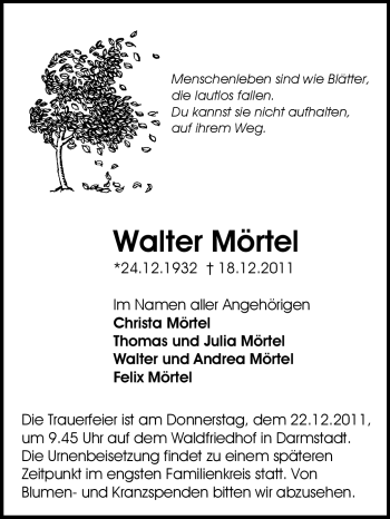 Traueranzeige von Walter Mörtel von Rüsselsheimer Echo, Groß-Gerauer-Echo, Ried Echo