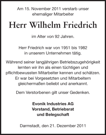 Traueranzeige von Wilhelm Friedrich von Echo-Zeitungen (Gesamtausgabe)