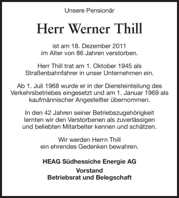 Traueranzeige von Werner Thill von Darmstädter Echo, Odenwälder Echo, Rüsselsheimer Echo, Groß-Gerauer-Echo, Ried Echo