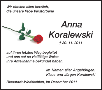 Traueranzeige von Anna Koralewski von Rüsselsheimer Echo, Groß-Gerauer-Echo, Ried Echo