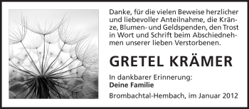 Traueranzeige von Gretel Krämer von Odenwälder Echo