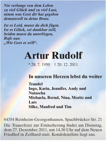 Traueranzeige von Artur Rudolf von Echo-Zeitungen (Gesamtausgabe)