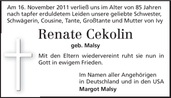 Traueranzeige von Renate Cekolin von Echo-Zeitungen (Gesamtausgabe)