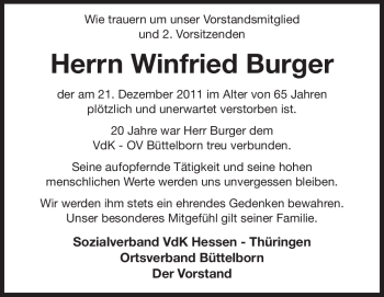 Traueranzeige von Winfried Burger von Rüsselsheimer Echo, Groß-Gerauer-Echo, Ried Echo