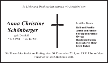 Traueranzeige von Anna Christine Schönberger von Darmstädter Echo, Odenwälder Echo, Rüsselsheimer Echo, Groß-Gerauer-Echo, Ried Echo