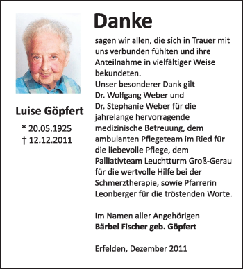 Traueranzeige von Luise Göpfert von Rüsselsheimer Echo, Groß-Gerauer-Echo, Ried Echo