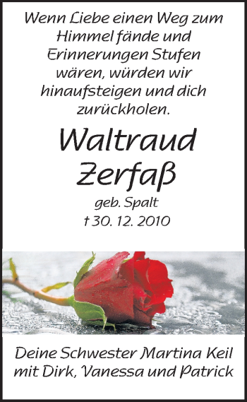 Traueranzeige von Waltraud Zerfaß von Darmstädter Echo