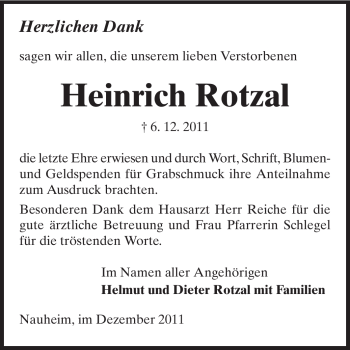 Traueranzeige von Heinrich Rotzal von Rüsselsheimer Echo, Groß-Gerauer-Echo, Ried Echo