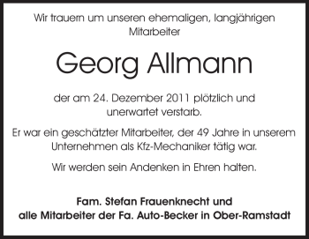 Traueranzeige von Georg Allmann von Echo-Zeitungen (Gesamtausgabe)