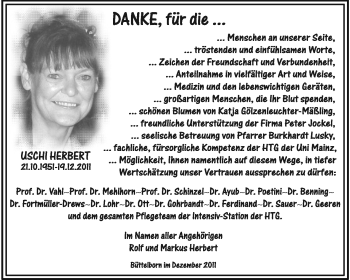 Traueranzeige von Uschi Herbert von Rüsselsheimer Echo, Groß-Gerauer-Echo, Ried Echo