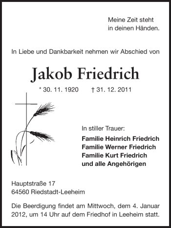 Traueranzeige von Jakob Friedrich von Rüsselsheimer Echo, Groß-Gerauer-Echo, Ried Echo