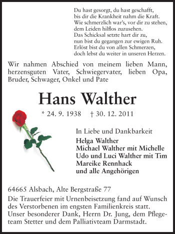Traueranzeige von Hans Walther von Echo-Zeitungen (Gesamtausgabe)