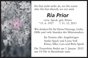 Traueranzeige von Ria Prior von Echo-Zeitungen (Gesamtausgabe)