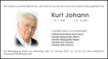 Traueranzeige von Kurt Johann von Echo-Zeitungen (Gesamtausgabe)