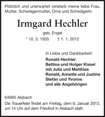 Traueranzeige von Irmgard Hechler von Echo-Zeitungen (Gesamtausgabe)