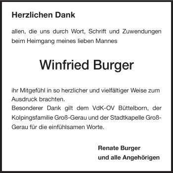 Traueranzeige von Winfried Burger von Rüsselsheimer Echo, Groß-Gerauer-Echo, Ried Echo