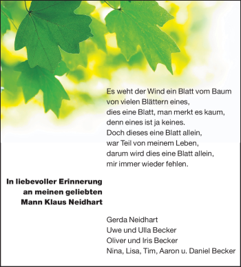 Traueranzeige von Klaus Neidhart von Rüsselsheimer Echo, Groß-Gerauer-Echo, Ried Echo