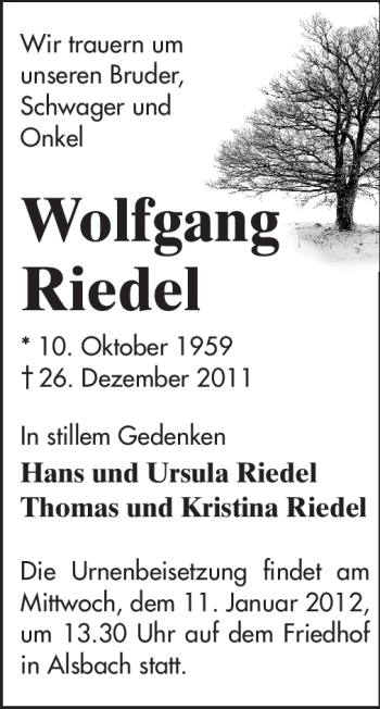 Traueranzeige von Wolfgang Riedel von Darmstädter Echo, Odenwälder Echo, Rüsselsheimer Echo, Groß-Gerauer-Echo, Ried Echo