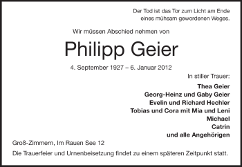Traueranzeige von Philipp Geier von Echo-Zeitungen (Gesamtausgabe)